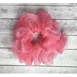 Homemade Coral Orange Crystal Organza XL Scrunchie Hair Ties - Ponytail Holder - 5 inches