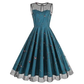 IBTOM CASTLE 1950s Cocktail Dresses for Women: Ladies Vintage Floral Embroidery Dress Sleeveless Mesh Knee Length Swing Dress Wedding Guest Evening Tea Party Gown Prom Retro Homecoming Dress Green XXL