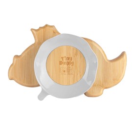 Tiny Dining Baby Plate with Suction Cup - Dinosaur - Grey - Divided Non-Slip Bamboo Self-Feeding Baby Weaning Plate for Babies, Toddlers, Children