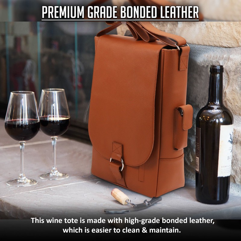 Primeware Vino2 Two Bottles Saddle Leather Wine Tote Messenger Carrier