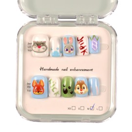 Nails Handmade Press On Short Square Blue White Cartoon Design Kawaii Cute False Nail Tips 10 Pcs Set Size M