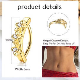 FIBO STEEL 14K Gold Plated Belly Button Rings for Women 316L Surgical Steel Clicker Belly Rings CZ Snake Flower Curved Reverse Navel Rings Belly Piercing Jewelry Barbell 14G Flower