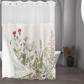 Tititex No Hooks Snap in Liner Vintage Wildflower Botanical Herbs Shower Curtain Sets, Hotel Luxury Double Layers Waterproof Fabric & See-Through Top Window Bathroom Decorative 72x84 Inch