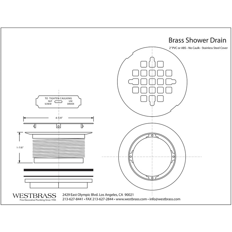 Westbrass A206B-62 2" No-Caulk Brass Compression Shower Drain with 4-1/4"