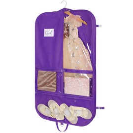 KEEGH 40 Inch Kids Garment Bags for Dance Costumes, 3 Medium Clear Zipper Pockets and 2 Back Zippered Pockets for Hanging Clothes, Travel Storage - Dark Purple