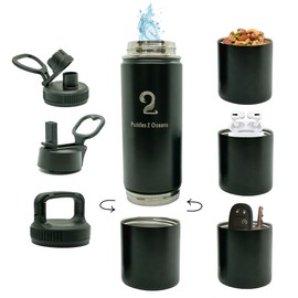 Water Bottle with Snack Compartment, 26oz Kids Water Bottle, Stainless Steel Insulated Water Bottle, Snack Containers for Kids, Hiking Water Bottle, Teal Water Bottle with Storage (Black, 26oz)