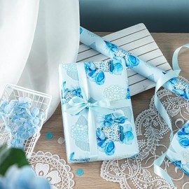 LeZakaa Blue Hydrangea Wrapping Paper Roll, Watercolor Hydrangea Flowers Party Gift Wrap for Wedding, Bridal Shower, Baby Shower, Anniversary, Mother's Day, DIY Bouquet, Mini Roll, 17inches x 16.4Feet