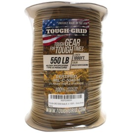 TOUGH-GRID 550lb Grizzly (Coyote) Brown Paracord/Parachute Cord - 100% Nylon Mil-Spec Type III Paracord Used by The US Military, Great for Bracelets and Lanyards, 200Ft. - Grizzly Brown