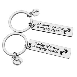 NICU Dad Mom Preemie Baby Gift, Mommy Daddy of A Tiny Mighty Fighter Keychain Set Support NICU Parents Care Basket Keyring, Neonatal Intensive Care Unit Jewelry