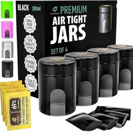 Premium Airtight Glass Storage Jars 180/120ml with 69% Humidity Control 4 Packs - UV Air Tight Jars with Child-Resistant Lid - Airtight Jar Container, Air Tight Storage,Storage Jars for Herb/Spice