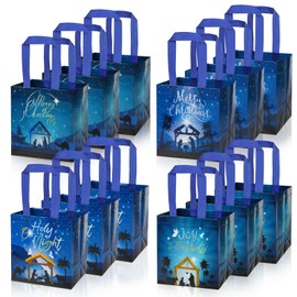 HOWAF 12pcs Nativity Christmas Non-Woven Gift Bags Joy to the World Non Woven Favor Bags with Handle, Religious Jesus Christmas Toto Bags for Holy night Party Decoration