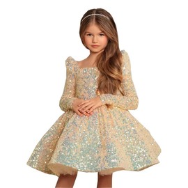 Champagne Long Flower Girl Dress for Wedding Puffy Layers 2024 Birthday Party Dresses Long Sleeves Sequin Princess Birthday Party for Girls Champagne FAY07-7