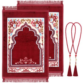 SmoothNovelty 2Pcs Muslim Prayer Rug with 2Pcs Prayer Beads Thick Soft Velvet Prayer Matt Islam Arabic Turkish Design Daily Salah Mat Sajadah Meditation Ramadan Eid Gift for Women Men(Red)
