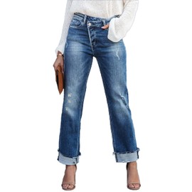 AIIYYQB Womens Distressed Ripped Boyfriend Jeans Crossover High Waisted Cuffed Straight Leg Denim Pants