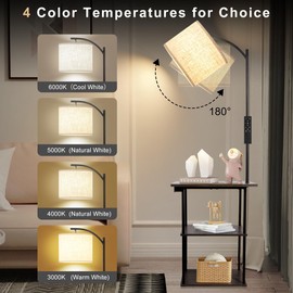 PESRAE Floor Lamp with Remote, Adjustable 3000K-6000K Colors & Brightness Bulb, End Table with Charging Station(USB & Type-C & AC Port), Modern Shelves Side Table for Bedroom, Living Room, Office