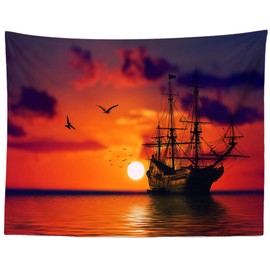 Loccor 9x6ft Ship Wall Tapestry Backdrop Sailboat at Evening Sunset Sea Ocean Landscape Sailing Silhouette Bright Orange Wall Hanging Decoration Soft Fabric Tapestry Perfect Print for House Rooms