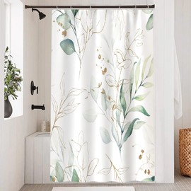 LFEEY Eucalyptus Shower Curtain, Spring Sage Green and Gold Abstract Leaves Shower Curtain Set for Bathroom Waterproof Fabric Watercolor Botanical Bathroom Decor with Hooks, 48x72 Inch