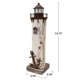 Morning View Lighthouse Decor Nautical Decoration Lighted Wood Light House Figurine Beach House Coastal Decor Table Ocean Seaside Theme Home Decor Lake House Bathroom Shelf Centerpiece 14.75"
