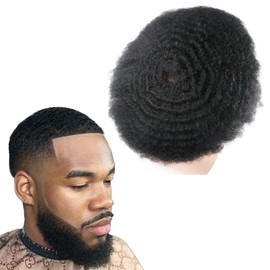 lumeng Afro Mens Toupee Wave Black Mans Wigs Male Hair Unit 8MM Kinky Weaves European Human Hair Pieces Replacemnt System 10x8 Skin PU Hair Prosthesis Units Patch Implant for Men #1 Jet Black