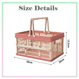 Jotia 1 Pack Collapsible Shopping Basket, 30x20x16.5cm Collapsible Storage Crate Plastic Storage Baskets for Organizing Foldable Picnic Basket with Handles for Home, Kitchen, Office (Pink)