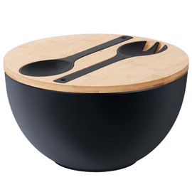 ECOHAGOU 12.6" Extra Large Salad Serving Bowl Set with Wooden Lid&Utensils, 8.4Qt., Bamboo Fiber Salad Bowl with Servers for Kitchen, Big Bowl for Mixing Salad,Fruit,Pasta (Matte Black)