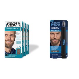 Just For Men Mustache & Beard, Light Brown, M-25, Pack of 3 + Just for Men 1-Day Beard & Brow Color, Temporary Color for Beard and Eyebrows, Up to 30 Applications, Light Brown