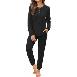 WIHOLL Lounge Sets for Women 2 Piece Pajamas Sets Loungewear Button Down Tops Tracksuits Black XL