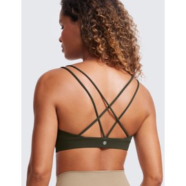CRZ YOGA Butterluxe V Neck Strappy Sports Bras for Women - Thin Spaghetti Strap Padded Wireless Yoga Crop Top Olive Green Large