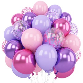 Purple Pink Balloons, 60 Packs 12 Inch Metallic Purple Pink Confetti Balloons, Lavender and Light Pink Latex Balloons with Ribbon for Girls Women Birthday Wedding Baby Shower Party Decoration
