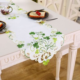LeLehome 15" X 69" Embroidered Green Leaves Table Runners, St. Patrick’s Day Shamrock Spring Clovers Polyester Long Dresser Scarf for Home Dining Tabletop Decoration