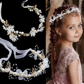 2 Pieces Wedding Flower Girl Headpiece Bridal Hair Vines Princess Hair Accessory Floral Girl Headband Rhinestone Pearl Headband for Women Girls Communion Wedding Prom Photography