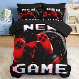 Pamnest Comforter Set Queen Size, Retro Gaming Gamepad 7 Pcs Bedding for Kids and Adults, Play Computer Video Games Bed Sheet Sets with Fitted Sheet 2 Pillowcases & 2 Shams for Bedroom Bed Decor