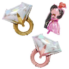 2pcs diamond ring balloons with 1pc couple balloons, engagement decoration balloons, gold foil balloons, party decoration balloons, suitable for wedding, bridal shower, anniversary decoration