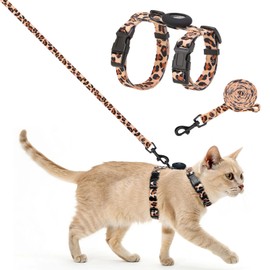 SCENEREAL Adjustable Cat Harness and Leash Set with AirTag Holder, Escape-Proof Design for Small to Large Cats, Lightweight Soft Travel Harness, Khaki Leopard