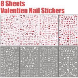 8 Sheets Valentines Day Nail Art Stickers Love Hearts Nail Decals 3D Self Adhesive Heart Nail Art Supplies Laser Red White Heart Glitter Designs for Women Valentine’s Romantic DIY Manicure Decoration