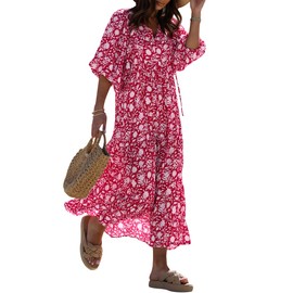 miduo Womens Maxi Dress Summer Fashion V Neck Short 1/2 Sleeve Floral Printed Bohemian Long Maxi Dresses Ankle Length S