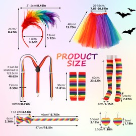 7Pcs Tutu Clown Costume,Tulle Tutu Skirt Y Back Adjustable Elastic Straps Striped Socks Gloves,Feather Headband,Bow Tie(Color:Rainbow)