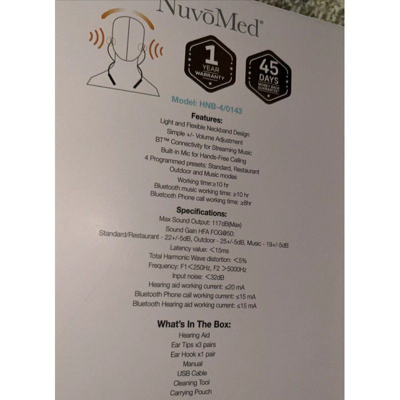 NuvoMed DigiEars Light Bluetooth Neckband Hearing Aid Sealed