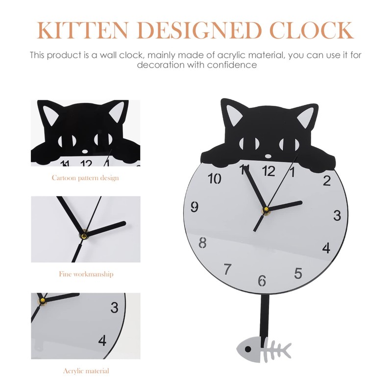 HOMSFOU Silent Wall Clock Wall Hanging Clock Round Cat Kitten