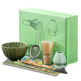 8PCS Matcha Whisk Set - Matcha Set Ceramic Whisk and Bowl, Japanese Buucup Matcha Set with Bamboo Whisk, Sifter, Scoop, Holder & Tea Towel for Traditional Matcha Ceremony (Green)