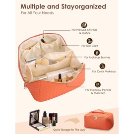 Large Capacity Travel Cosmetic Bag for Women,Portable Makeup Bag,Open Flat Toiletry Bag,Toiletry Make Up Brush Storage Bag,Waterproof Leathe,with Handle(B-White)