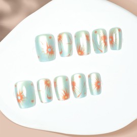 Oil Painting Flower Cat Eye Press on Nails for DIY Manicure 30Pcs Glossy Mint Green Cat Eye Acrylic False Nails Gradient Fake Nails Gel Glue on Nails Stick on Nails Short Square for Women Girls