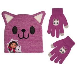 Gabby’s Dollhouse 3D Beanie & Glove Set for Kids, Jacquad Knit with Embroidered Appliques, Pink