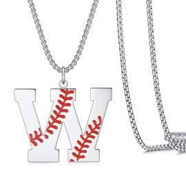 VEEHOO Baseball Necklace for Men Boys,Initial A-Z Letter Baseball Jewelry Pendant Baseball Gifts for Boys Boyfriend Coach Dad (Silver, W)