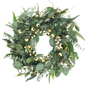 HomeKaren Wreaths for Front Door 22 Inch, All Season Greenery Wreath Olive Eucalyptus Leaves and White Mixed Berry for Indoor Outdoor Farmhouse Home Porch Wall Window Festival Wedding Decor