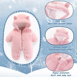 AiWMGL Baby Bear Onesie Outfit Suit Newborn Fleece Jumpsuit Romper Hooded Warm Winter Snowsuit Clothes Boy Girl 0-12 months (0-3 Months, Thick - Pink)