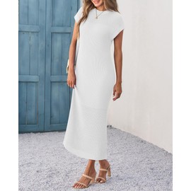 Yousify Womens Maxi Dresses Summer Crewneck Cap Sleeve Knitted Breathable Long Sweater Dress White L