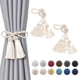 Pretty Jolly Pack of 4 Double Tassel Curtain Tiebacks Handmade Rope Knot Drape Tie Back Elegant Decorative Curtain Holdbacks for Home & Office Window Drapery (Beige)