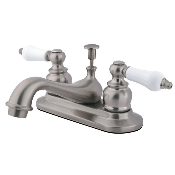 Kingston Brass KB608PL Restoration 4-Inch Centerset Lavatory Faucet with Porcelain Lever Handle, Brushed Nickel