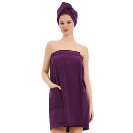 GUODDS Womens Bath Body Wrap & Hair Towel Shower Spa Wrap Robe Adjustable Closure Bathrobe Purple S/M